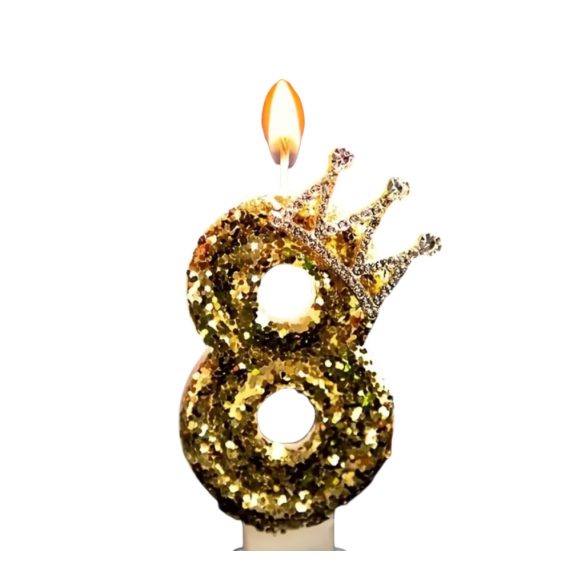Arany színű számgyertya koronával,8-as szám